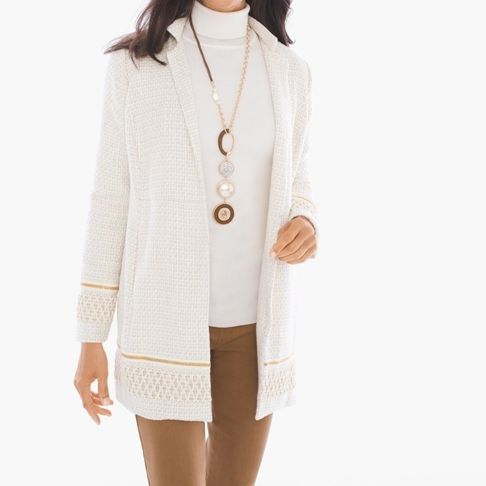 Chico’s Ivory Gold Metallic Embellished Trim Textured Open Jacket